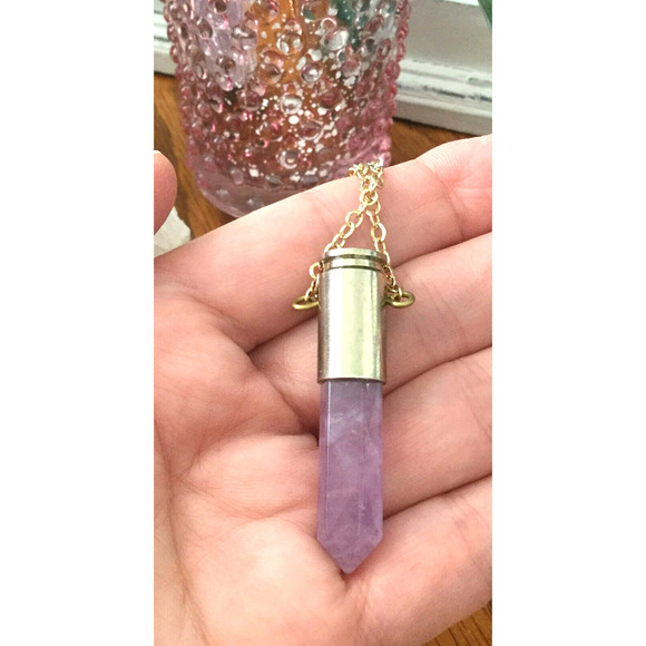 New Natural Purple Amethyst Crystal Point Bullet Style Pendant w/ Goldtone Chain - Picture 2 of 5